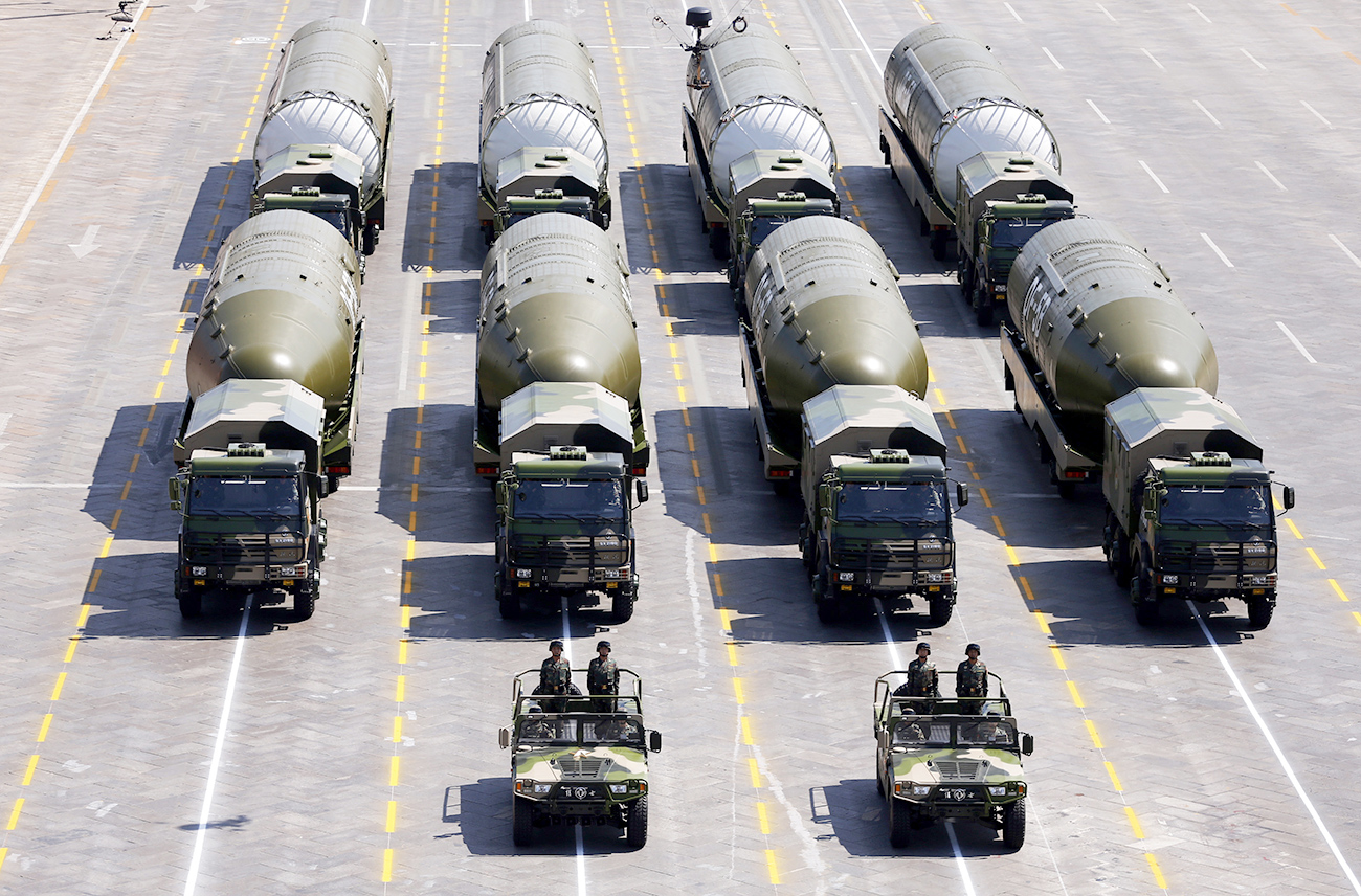 The DF-5B nuclear missiles attend the military parade in Beijing.
