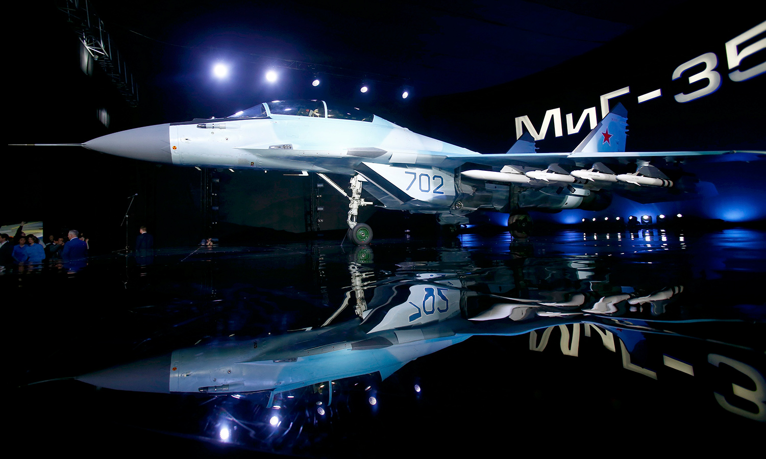 A new multi-role Russian MiG-35 fighter is displayed during its international presentation at the MiG plant in Lukhovitsy outside Moscow, Russia.