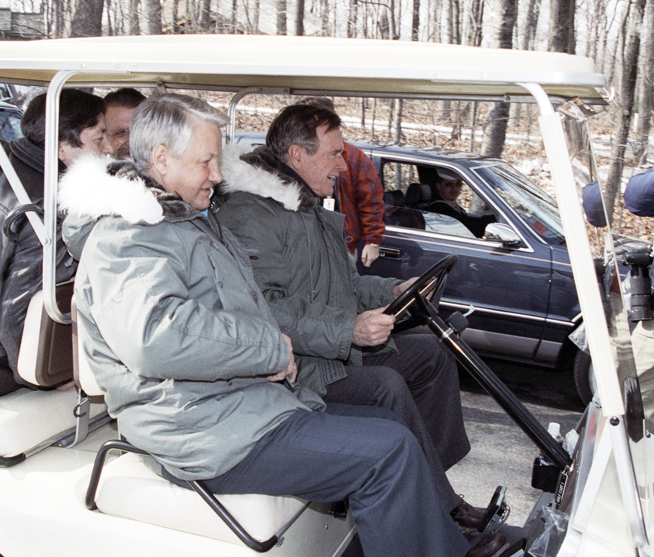 Russian President Boris Yeltsin oversaw the official end of the Cold War on Feb. 1, 1992 at a meeting with George Bush. Photo: Russian President Boris Yeltsin (left) and U.S. President George Bush (right) at Camp David.