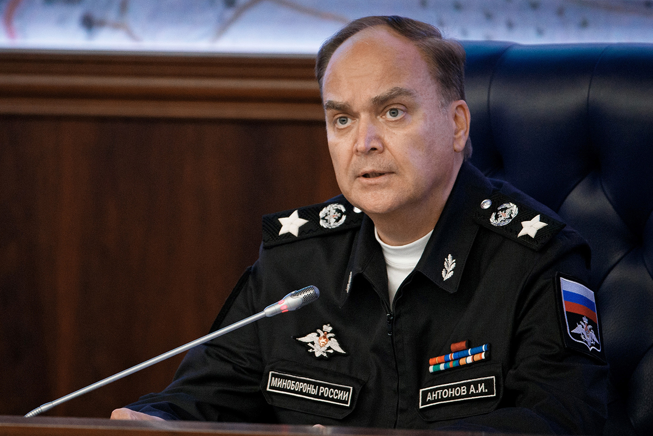 In December, President Putin transferred Antonov from the Defense Ministry to the Foreign Ministry, appointing him a deputy foreign minister. Photo: Deputy Defense Minister Anatoly Antonov at a Defense Ministry briefing in Moscow.