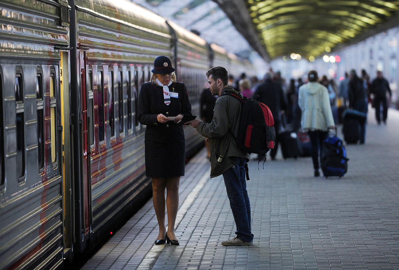"Leo Tolstoy" train to Helsinki stays on the platform of Leningradsky station in Moscow.