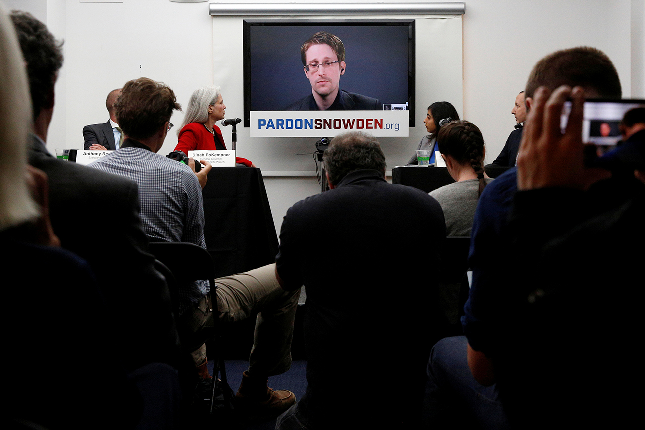 Edward Snowden speaks via video link during a news conference in New York City, U.S. Sept. 14, 2016