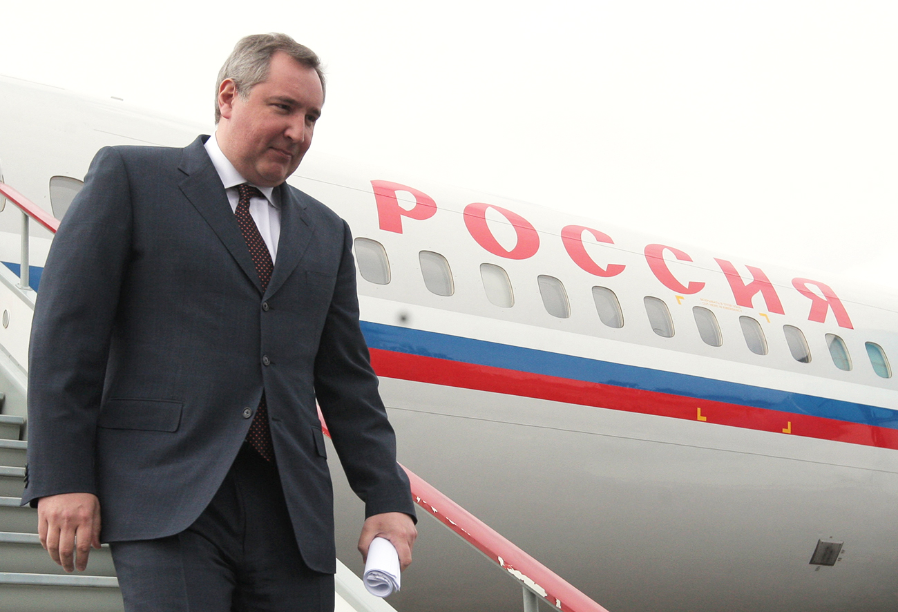 Deputy Prime Minister and special envoy of the Russian President Dmitry Rogozin comes down the stairs from his plane at the airport in Kishinev where he arrived on a working visit.