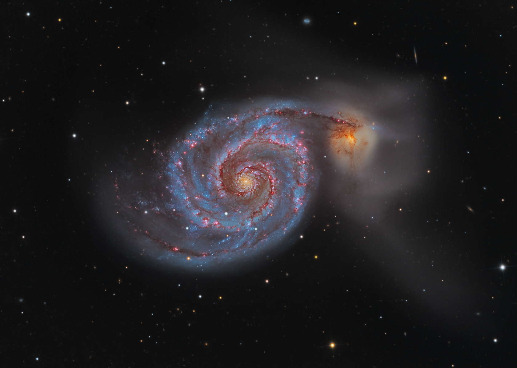 La galassia vortice M51 non è molto lontana da un’altra più piccola, chiamata NGC 5195. La forma a spirale suggerisce l’ipotesi che la galassia principale abbia “attratto” tutta la materia verso di lei, formando un immenso vortice 