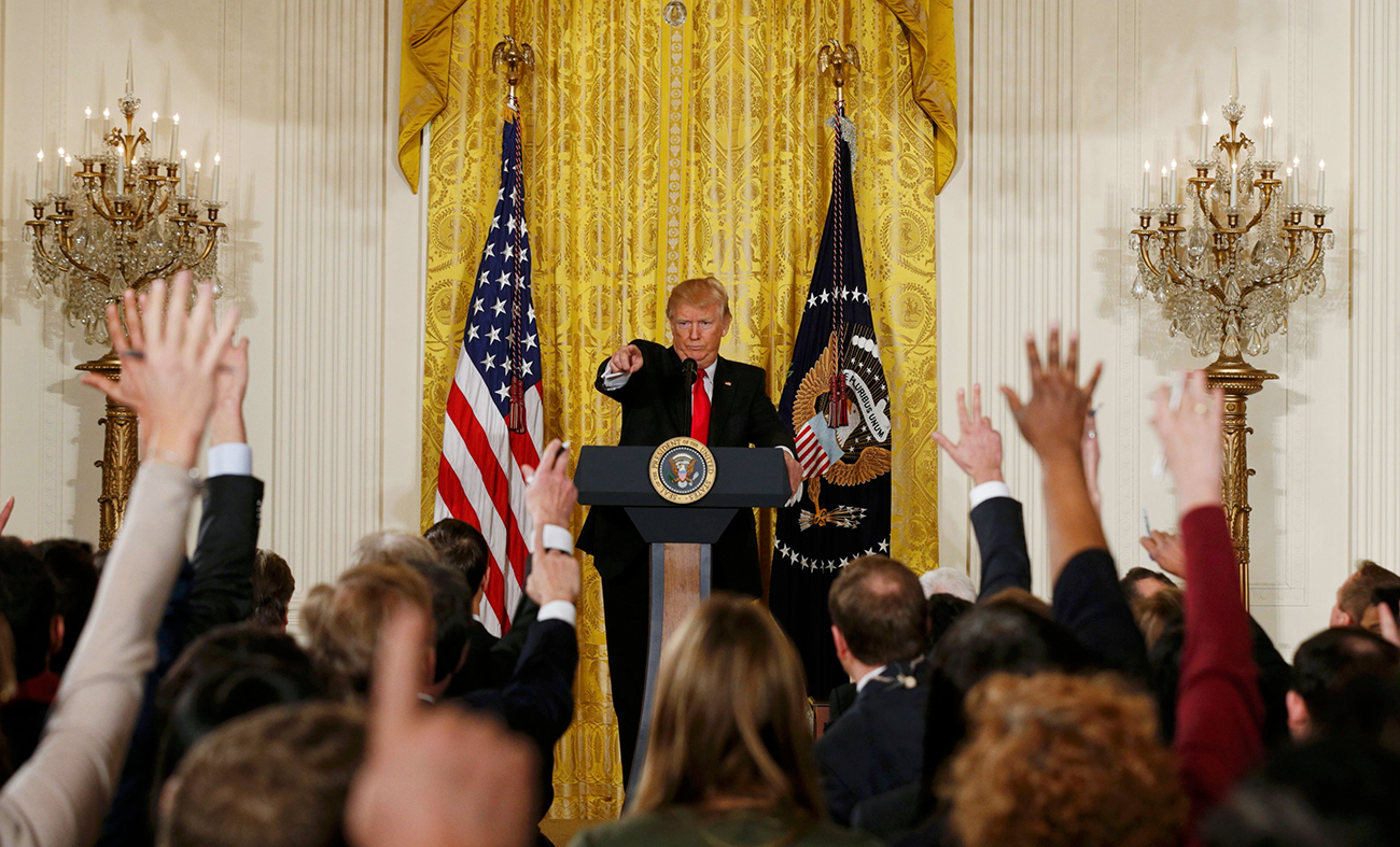 Il Presidente Usa Donald Trump durante una conferenza stampa a Washington, 16 febbraio 2017.
