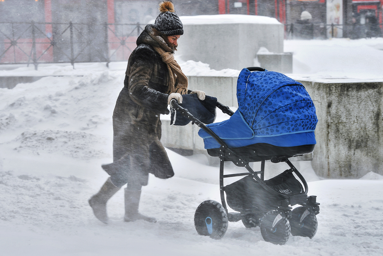 In Russia, every infant sleeps outside in the carriage even in minus 10 degree Celsius weather. Pictured: snowstorm in Kazan.