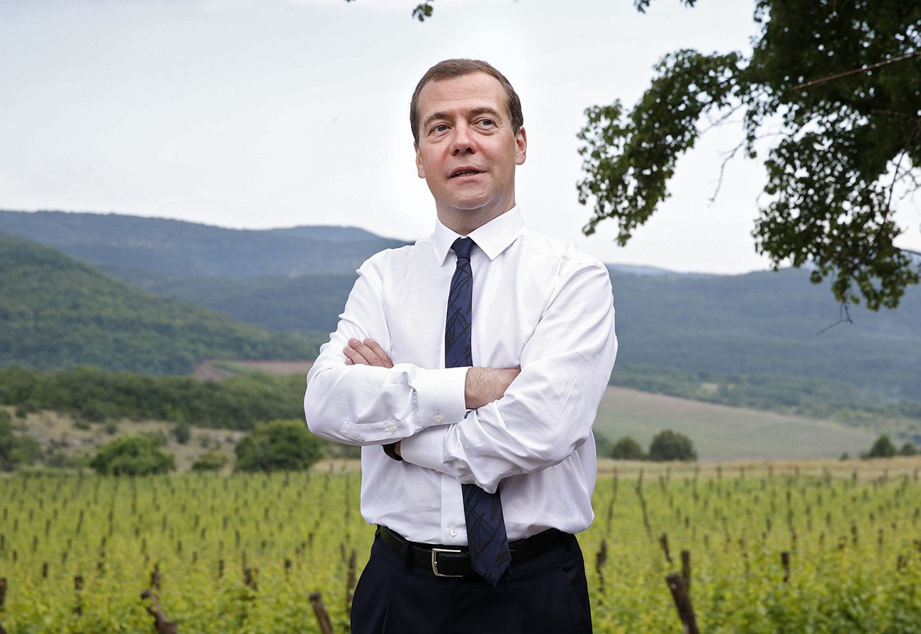 Russian Prime Minister Dmitry Medvedev at Terruar agricultural production cooperative in Rodnoye village near Yalta.