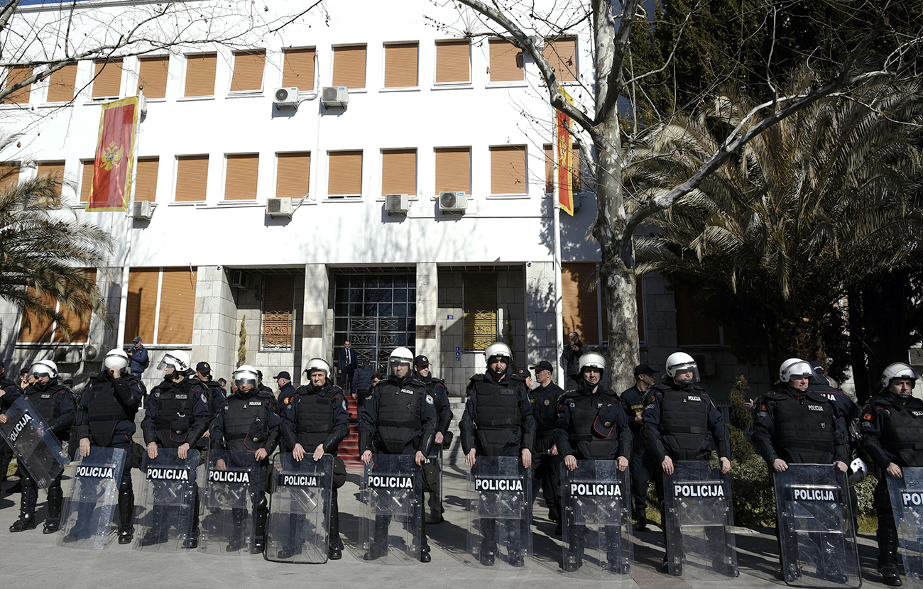 Montenegro riot police guard the Parliament building during an anti-government protest in Podgorica, Montenegro, Feb. 15, 2017. 