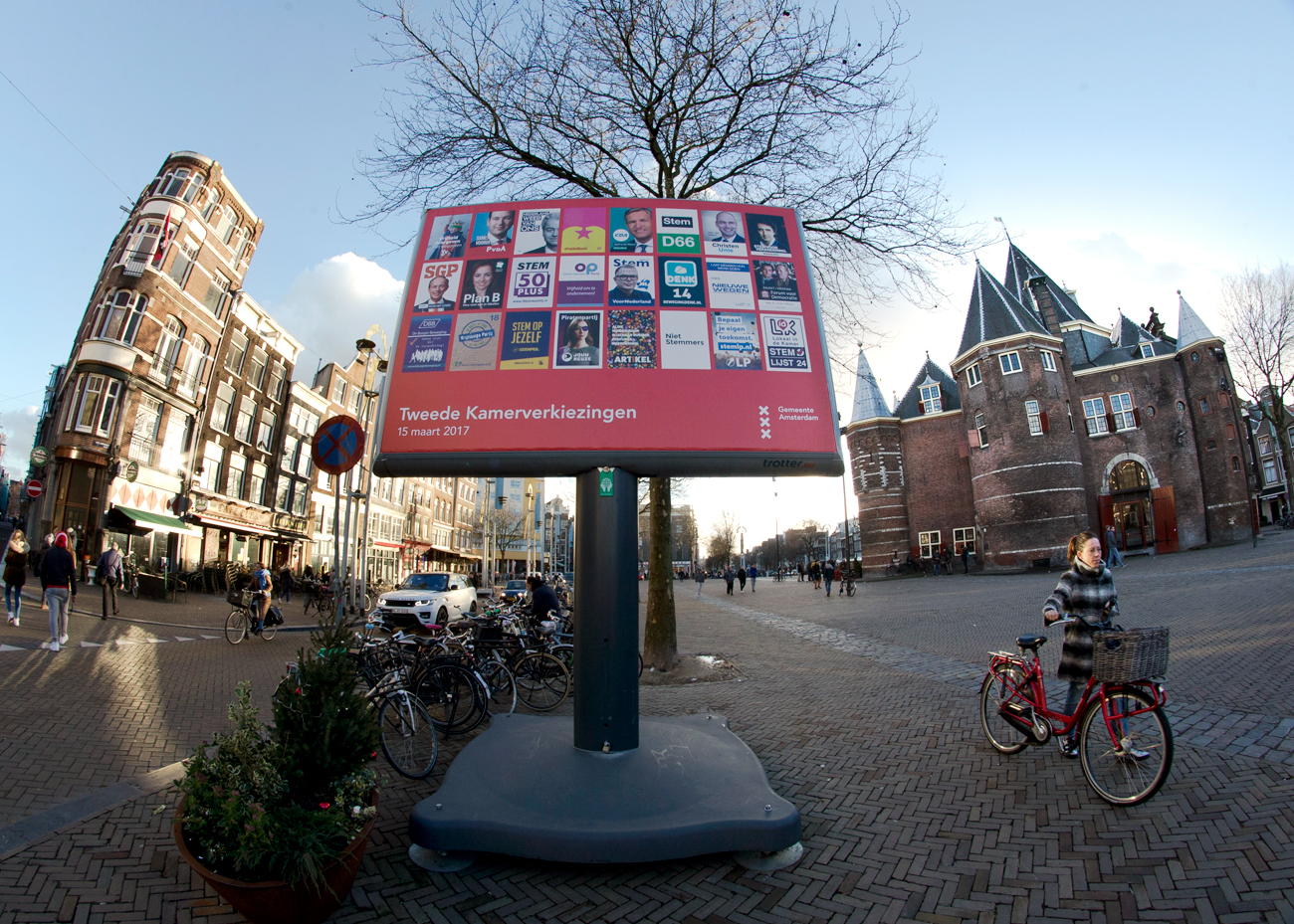 An election billboard is out up in a square in the center of Amsterdam, Netherlands, Feb. 24, 2017.