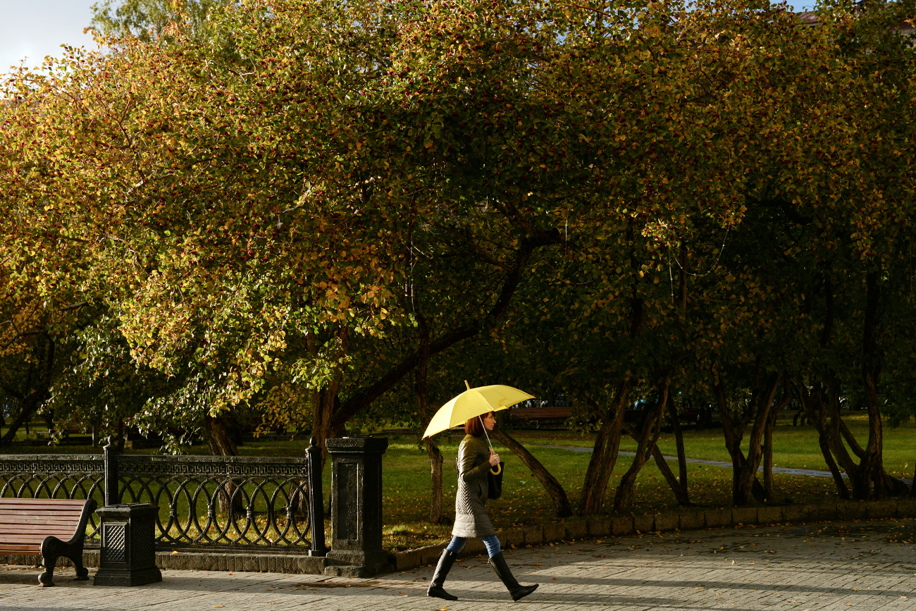 傘をさして歩く女性。ノボシビルスク市