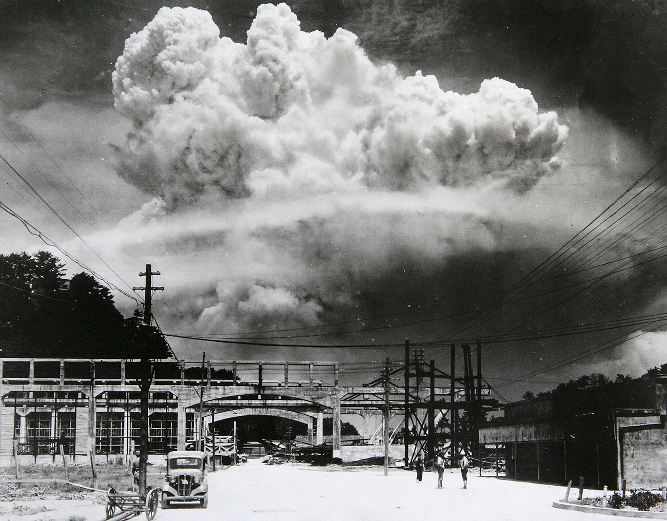 View of the radioactive plume from the bomb dropped on Nagasaki City, as seen from 9.6 km away, in Koyagi-jima, Japan, August 9, 1945. The US B-29 superfortress Bockscar dropped the atomic bomb nicknamed 'Fat Man,' which detonated above the ground, on northern part of Nagasaki City just after 11am.