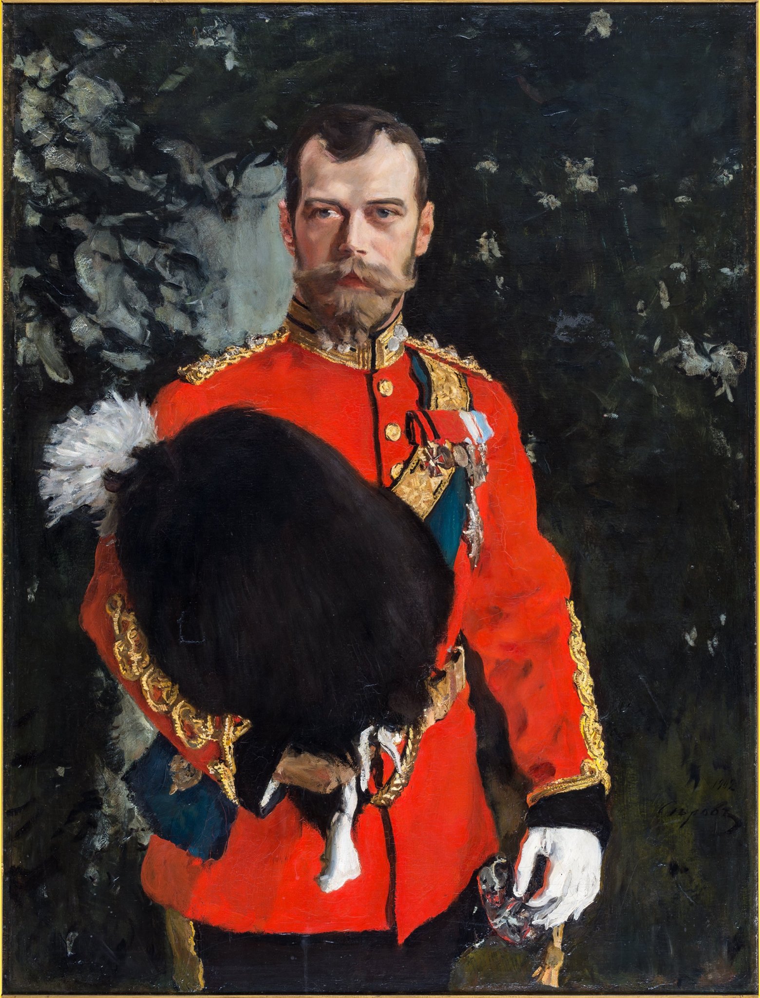 The famous Russian painter Valentin Serov portrayed the Russian tsar wearing his red Royal Scots Greys Colonel-in-Chief uniform. The portrait is now displayed as one of the highlights of the regiment’s museum in Edinburgh. To this day Tsar Nicholas II is commemorated by the Royal Scots Dragoon Guards (which the Royal Scots Greys became in 1971), by the playing of the Russian Imperial anthem at certain mess functions. https://www.scotsdgmuseum.com/treasures/ // Valentin Serov. His Imperial Majesty Tsar Nicholas II of Russia, as Colonel-in-Chief, 2nd Dragoons (The Royal Scots Greys). The painting is held in The Royal Scots Dragoon Guards Regimental Museum.