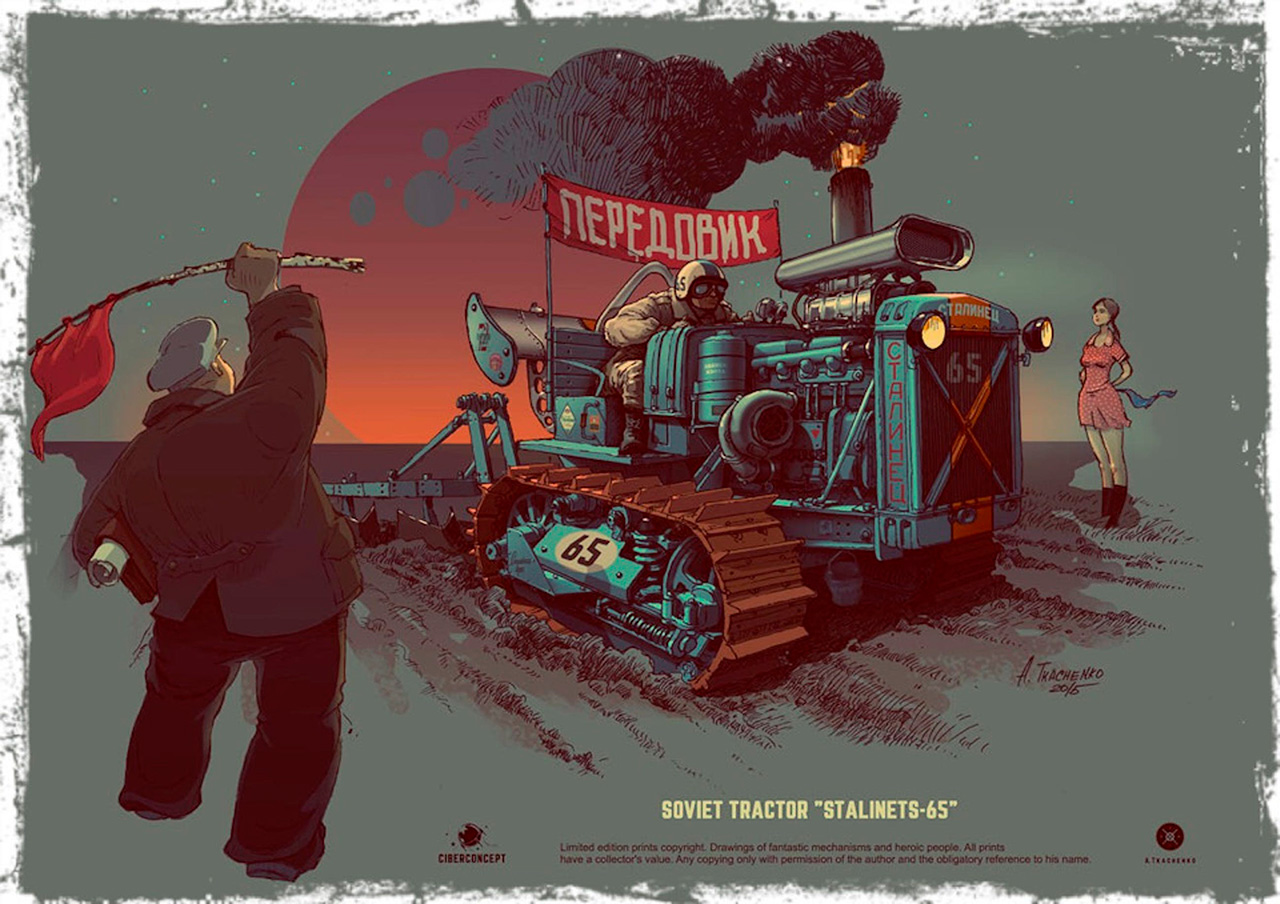 This picture sparks the imagination. The original tractor in this custom work is called the “Stalinets-65” (the name derives from Stalin); there is a beautiful girl, the red communist flag and a gorgeous sunset in the background; and the machine seems to be turning up the soil for the coming harvest. The name “Peredovik” (leading worker), along with the tunnel-vision driver and plumes of thick smoke, add daredevil spirit!
