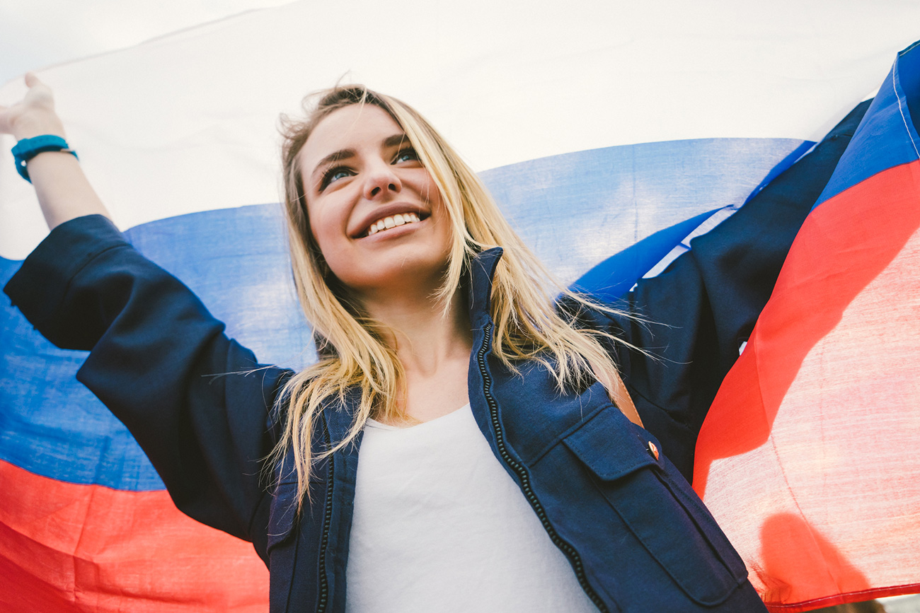 Cheering Woman Under Russian Flag