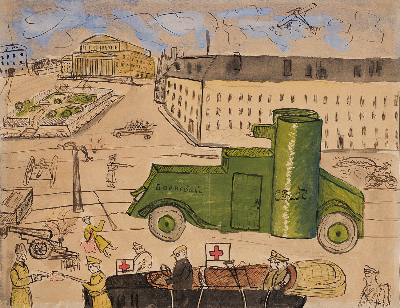 This collection of than 150 drawings was given to the Moscow Historical Museum in 1919 by the scholar Vasily Voronov. // “Battle of Teatralny Square”, Moscow, October-November 1917