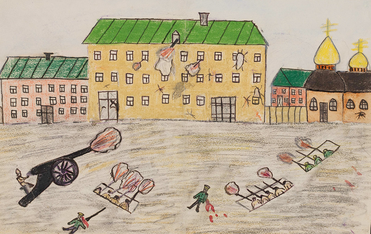 　作品を描いたのは当時8歳から14歳の小さな画家たち。//「包囲される住宅」モスクワ　1917年10〜11月