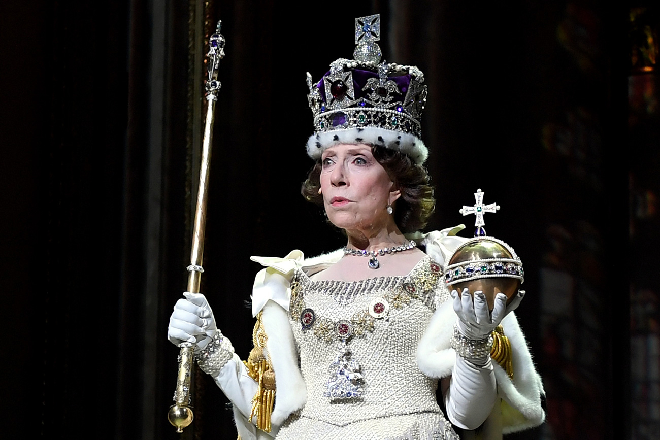 Actress Inna Churikova as Queen Elizabeth II in an episode from the play 'The Audience' at the Theater of Nations.