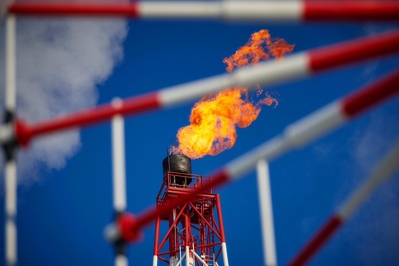 A view of the gas torch at the Prirazlomnaya offshore oil platform.