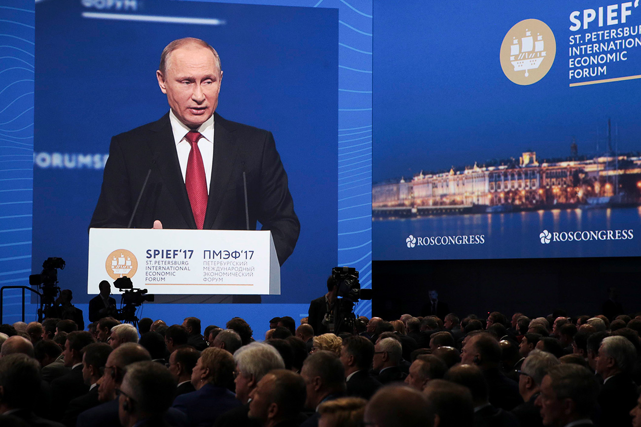 Russian President Vladimir Putin delivers a speech during a session of the St. Petersburg International Economic Forum (SPIEF), Russia, June 2, 2017