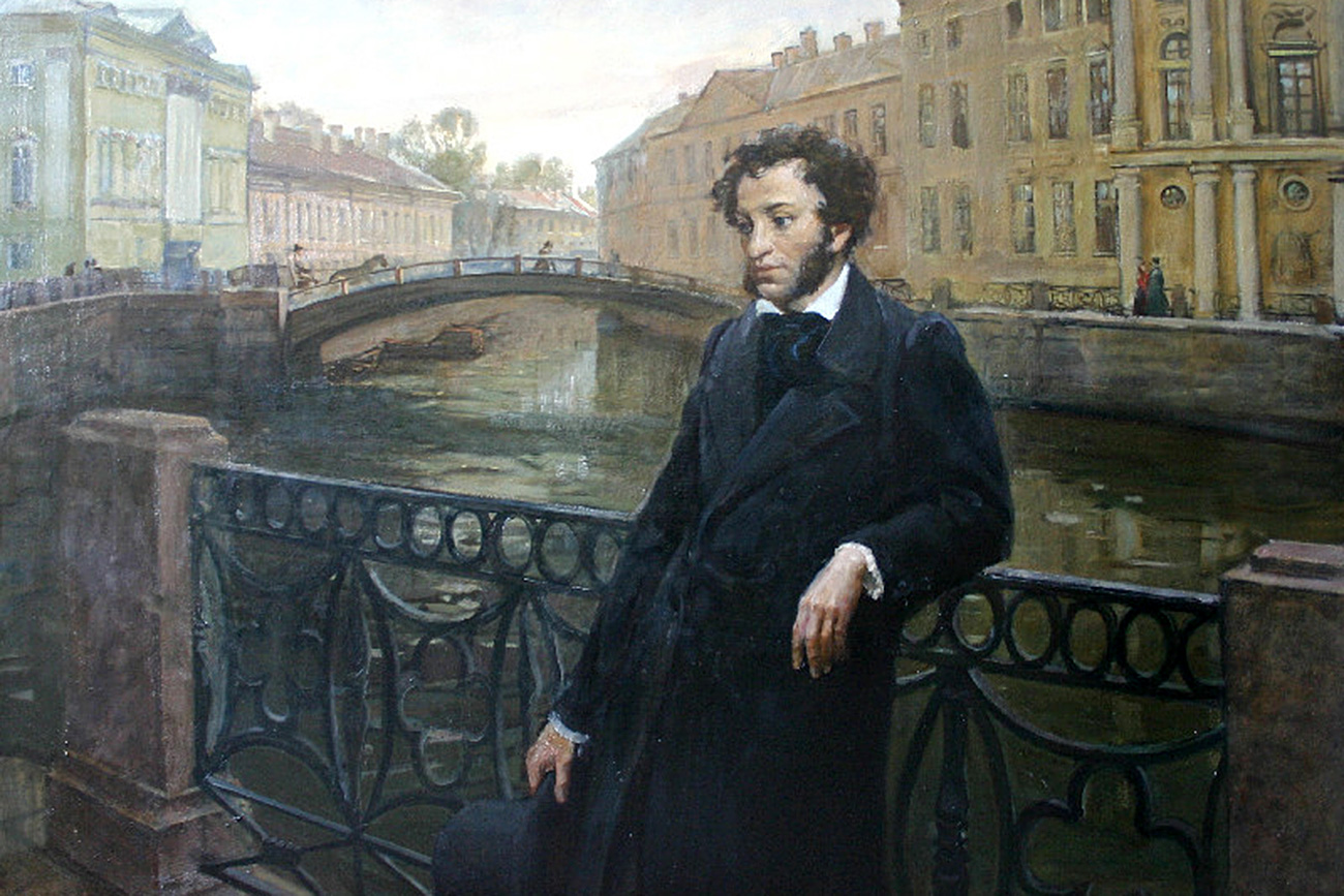 Pushkin sul lungofiume del canale Mojka a San Pietroburgo. Ritratto di Aleksandr Kravchuk