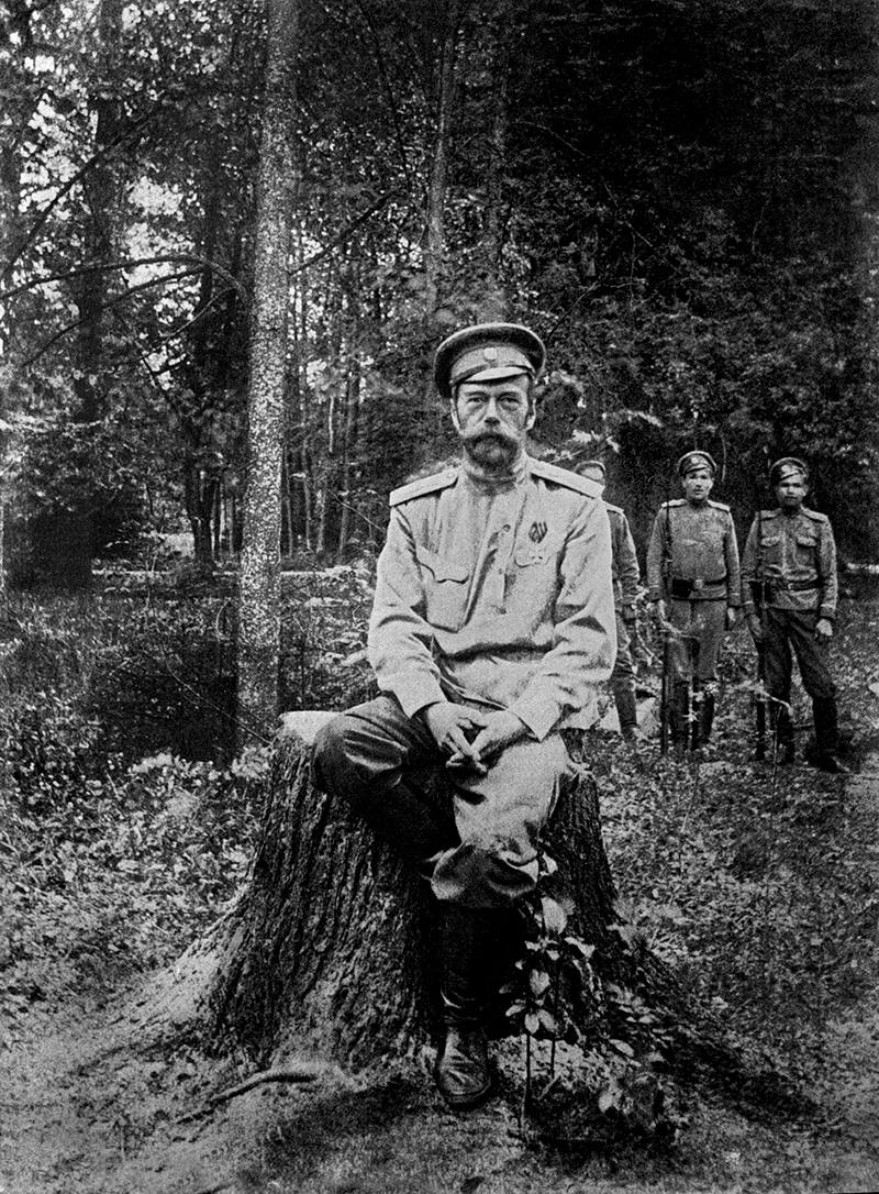 Tsar being guarded in Alexander Palace garden. “One day four soldiers with rifles followed me, I took advantage of this and without saying a word, went further in the park. From then I started daily long walks in park and chopped dry trees in the afternoon,” Nicolas wrote in a letter to his sister Ksenia. 