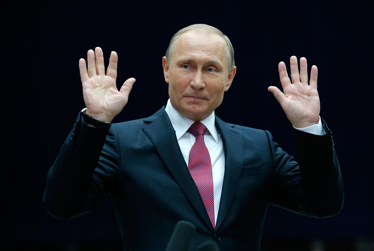 Russian President Vladimir Putin gestures speaking to the media after his annual live call-in show in Moscow, Russia, Thursday, June 15, 2017. President Vladimir Putin said Russia will pour resources into the development of its vast Arctic region for both economic and military reasons.