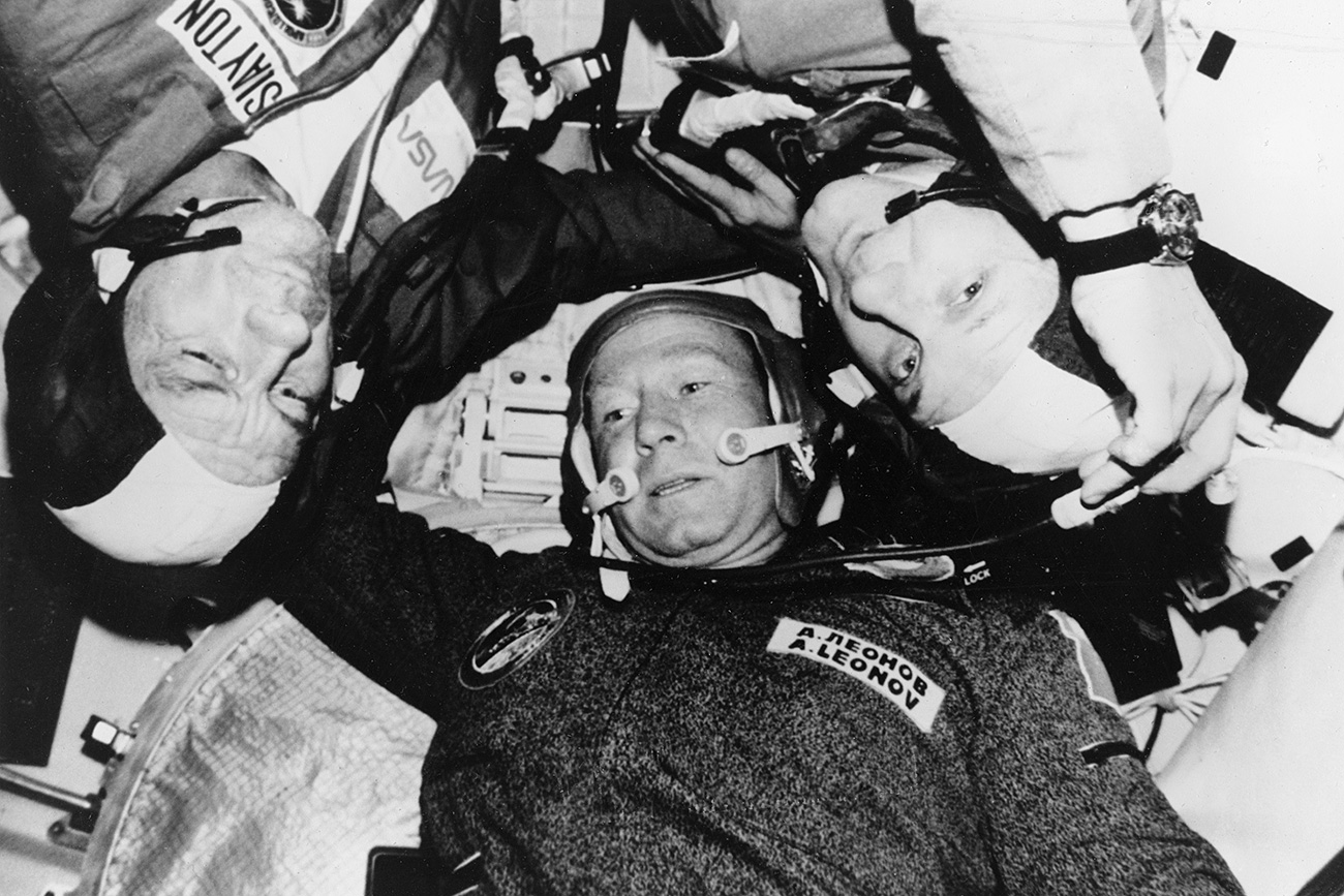 Astronaut Donald Slayton, cosmonaut Aleksey Leonov and astronaut Thomas Stafford are photographed in the Soviet Soyuz Orbital Module during the Apollo-Soyuz test project docking in Earth orbit mission, July 1975. 