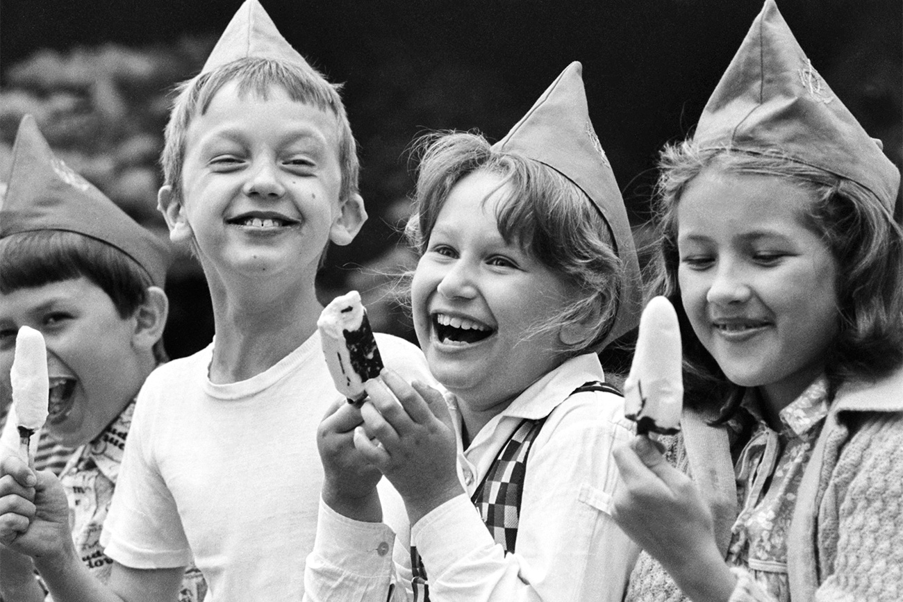 MOSCOW, USSR. July 1, 1981. A group of children with Eskimo ice-cream. 