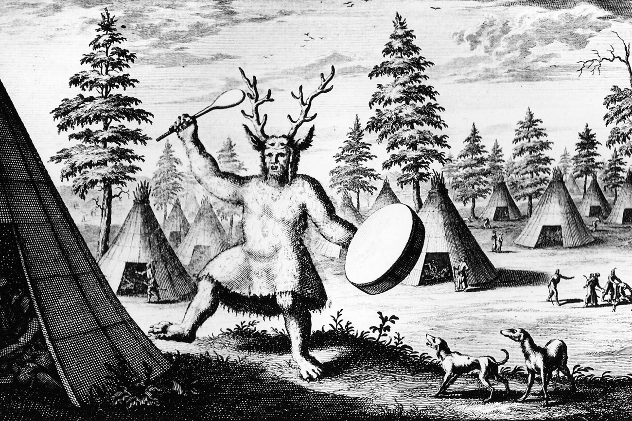 Shaman, or the devil's priest. Illustration from the book of traveler Nicolaes Witsen.