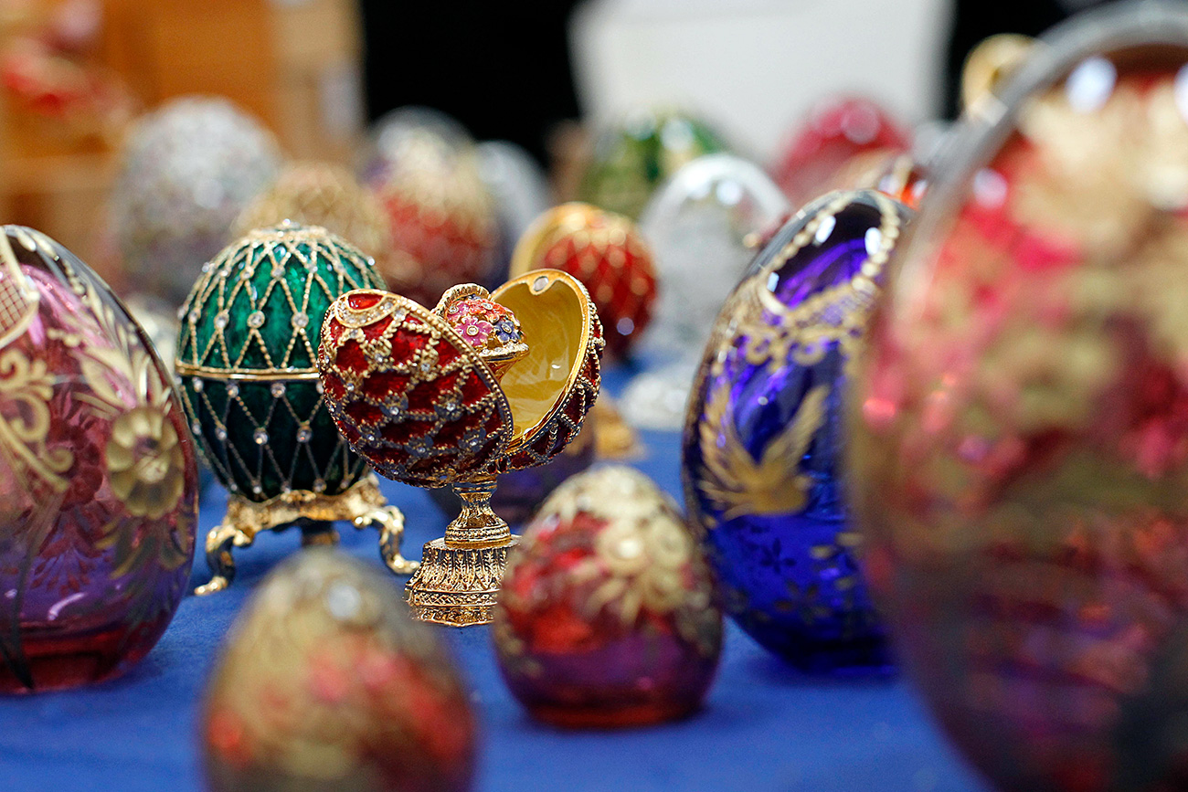 A close-up of some of the 354 counterfeit Faberge eggs originating from Russia seized by French customs agents at Roissy Airport on Nov. 15, in Roissy, north of Paris, Tuesday, Dec. 14, 2010. French customs agents uncovered a nest of 354 bejeweled eggs on Nov. 15, and declared them counterfeit copies of the famed Faberge collection