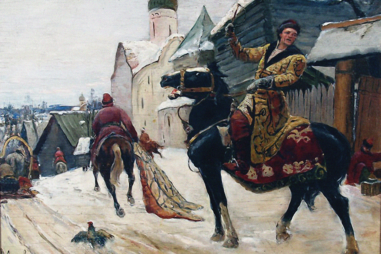 Опричници во Новгород. Почетокот на 20-от век. Уметник: Михаил Иванович Авилов