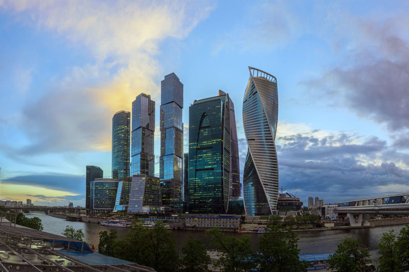 Moscow, Russia. This composite photo shows the Moscow International Business Center from the Moskva River's Taras Shevchenko Embankment. 	29.05.2017