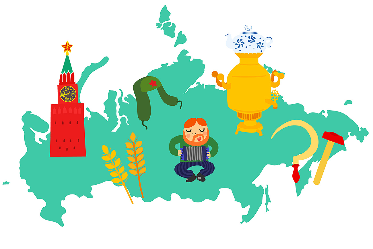 Russia Map with Iconic Objects