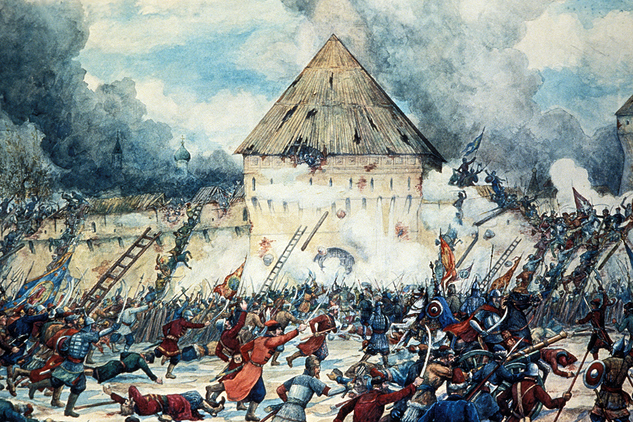 Batalha com intervencionistas poloneses no portão Vladimir de Kitai-Gorod, em Moscou (1612), aquarela de G. Lissner.