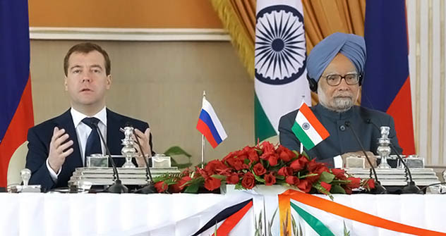 Prime Minister Manmohan Singh and Russian President Dmitry Medvedevat the joint press conference, Hyderabad House, New Delhi.December, 21. Source: RIA Novosti