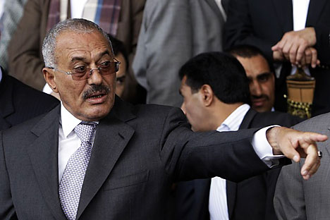 Yemen's President Ali Abdullah Saleh points towards supporters during a rally in Sanaa April 29.2011. Vast crowds of Yemenis took to the streets on Friday to demand the immediate departure of Saleh, instead of the phased handover of power envisaged b