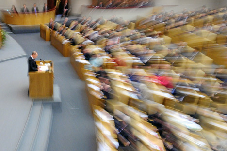 Russian Prime Minister Vladimir Putin delivers an annual address to the parliament, April 20, 2011. Photo: Itar-Tass