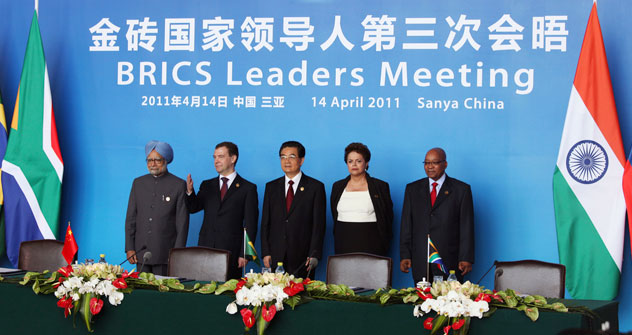 India's Prime Minister Manmohan Singh, Russia's President Dmitry Medvedev, China's President Hu Jintao, Brazil's President Dilma Rousseff and South Africa's President Jacob Zuma.   Source: AP