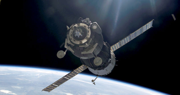 The Soyuz spaceship named after Gagrin approaches the International Space Station for docking on April 7.   Source: NASA