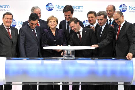 Russian President Dmitry Medvedev and German Chancellor  Angela Merkel are inaugurating the Nord Stream pipeline. Source: RIA-Novosti   