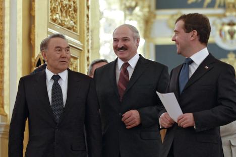 United front: the three presidents, Nursultan Nazarbayev, Alexander Lukashenko and Dmitry Medvedev. Source: Reuters 