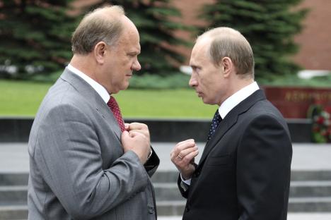 Head to head: Vladimir Putin, right, takes issue with Gennady Zyuganov, his main rival in the 2012 presidential election. Source: AP 