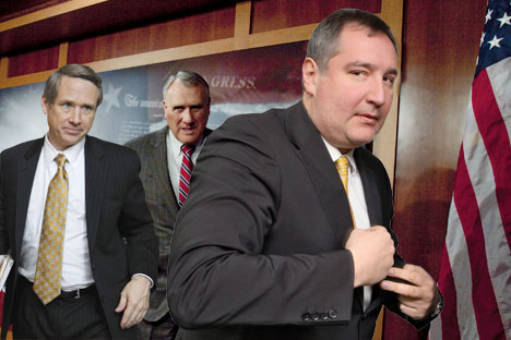 Republican senators Mark Kirk and Jon Kyl shown with Russian ambassador to NATO Dmitry Rogozin (right). Source: AP