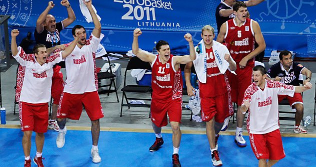 Players from Russia react after defeating Macedonia in the EuroBasket European Basketball Championship bronze medal match in Kaunas, Lithuania, Sunday, Sept. 18, 2011. Russia won the match 72-68. Source: AP