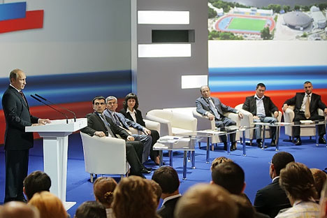 The prime minister addressing local activists of the ruling United Russia party in Yekaterinburg on June 30.   Source: RIA