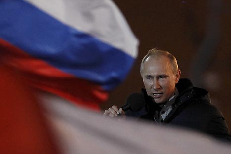 Putin spricht emotional am Wahltag. Foto: Reuters / Vostock Photo