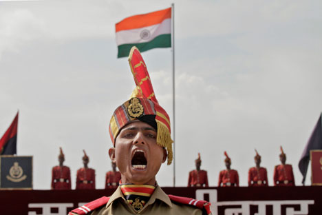 A new recruit of the Indian Border Security Force (BSF) takes part in a passing out parade ceremony in Humhama, on the outskirts of Srinagar, India. Source: AP