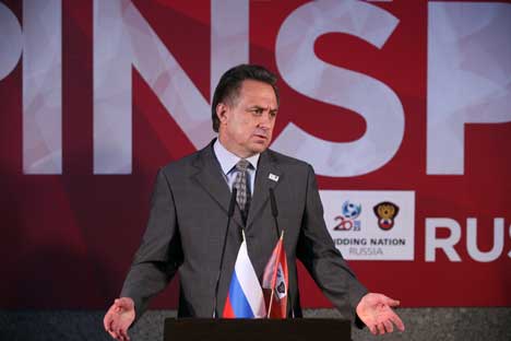 Il ministro russo dello Sport Vitalij Mutko durante una conferenza stampa (Foto Andrei Fedorov/Itar-Tass)