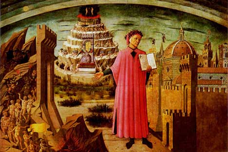 Domenico di Michelino, La Divina Commedia di Dante (1465). Dettaglio dal monumento equestre a Niccolò da Tolentino. Si trova nella navata del Duomo di Firenze (it.wikipedia.org)