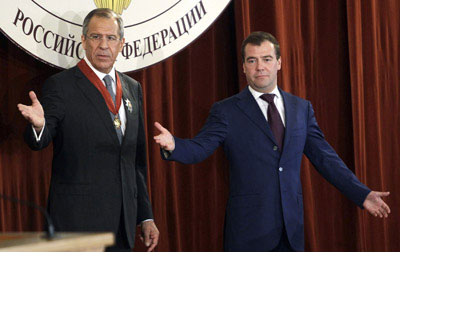President Dmitry Medvedev (right) and Foreign Minister SergeiLavrov at the meeting with Russian ambassadors.Source: Reuters/Vostock Photo